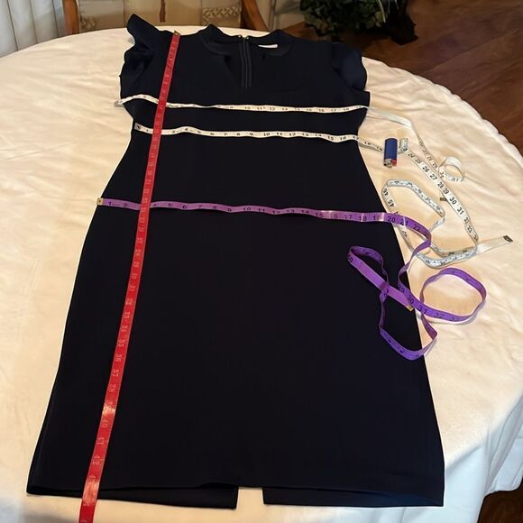 New York & Company Dress Large V Neck Flutter Sleeve Midi Navy Blue Zipper Back - Picture 12 of 12